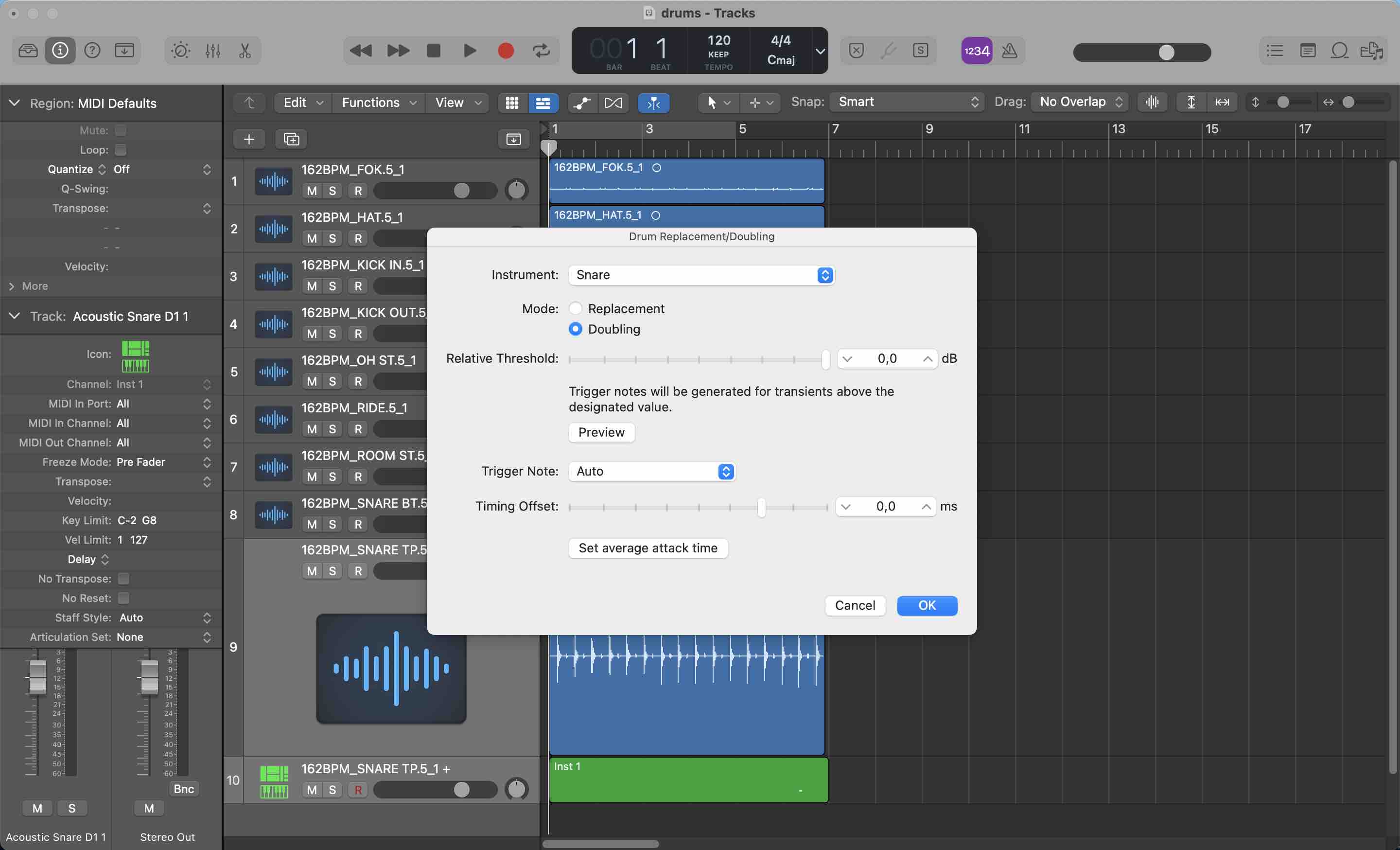 Logic Pro drum replacement settings window